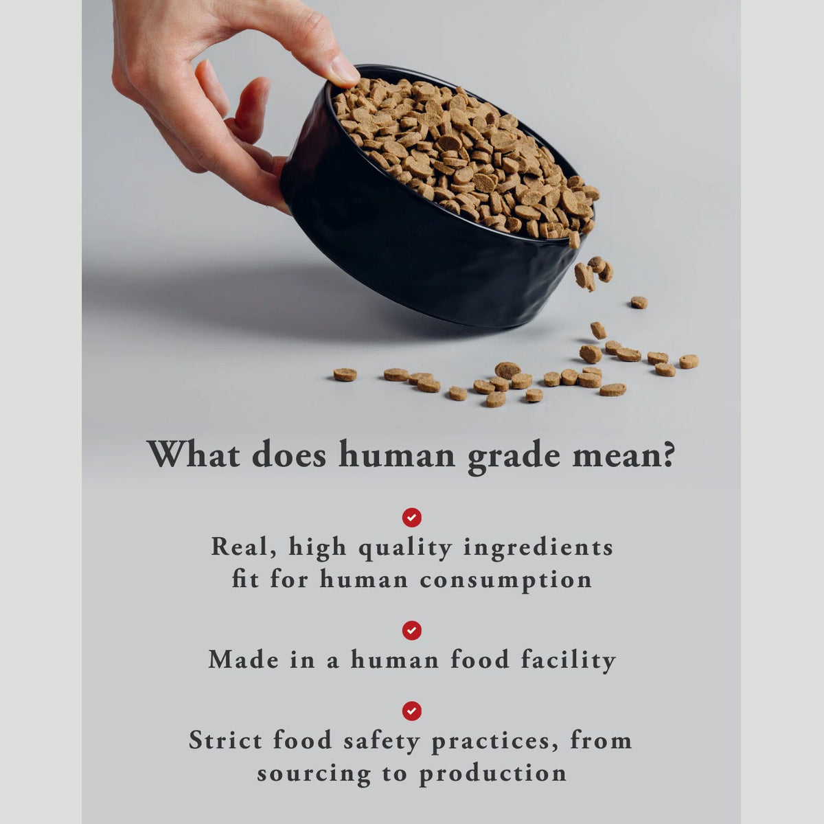 What does human grade mean? — ingredients fit for human consumption, made in a human-food facility