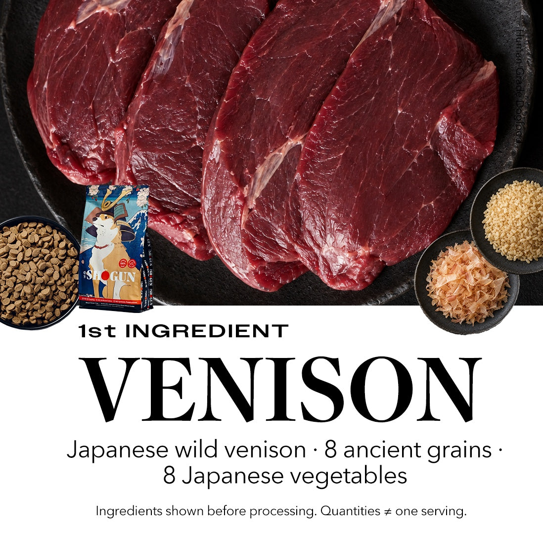 Venison — 1st ingredient. Japanese wild venison, 8 ancient grains, 8 Japanese vegetables