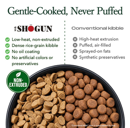 Gentle-cooked, never puffed — non-extruded SHOGUN vs conventional extruded kibble