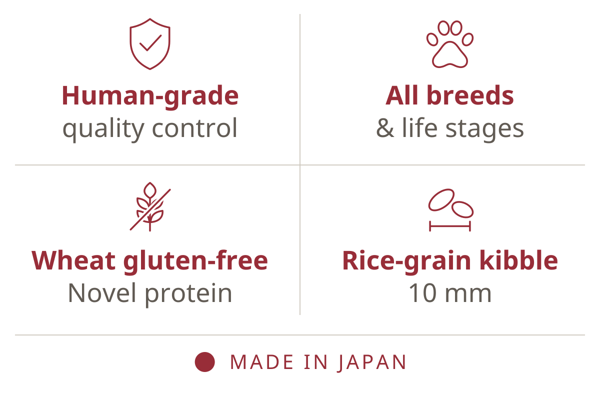 Human-grade quality control · All breeds & life stages · Wheat gluten-free, novel protein · Rice-grain kibble 10 mm · Made in Japan